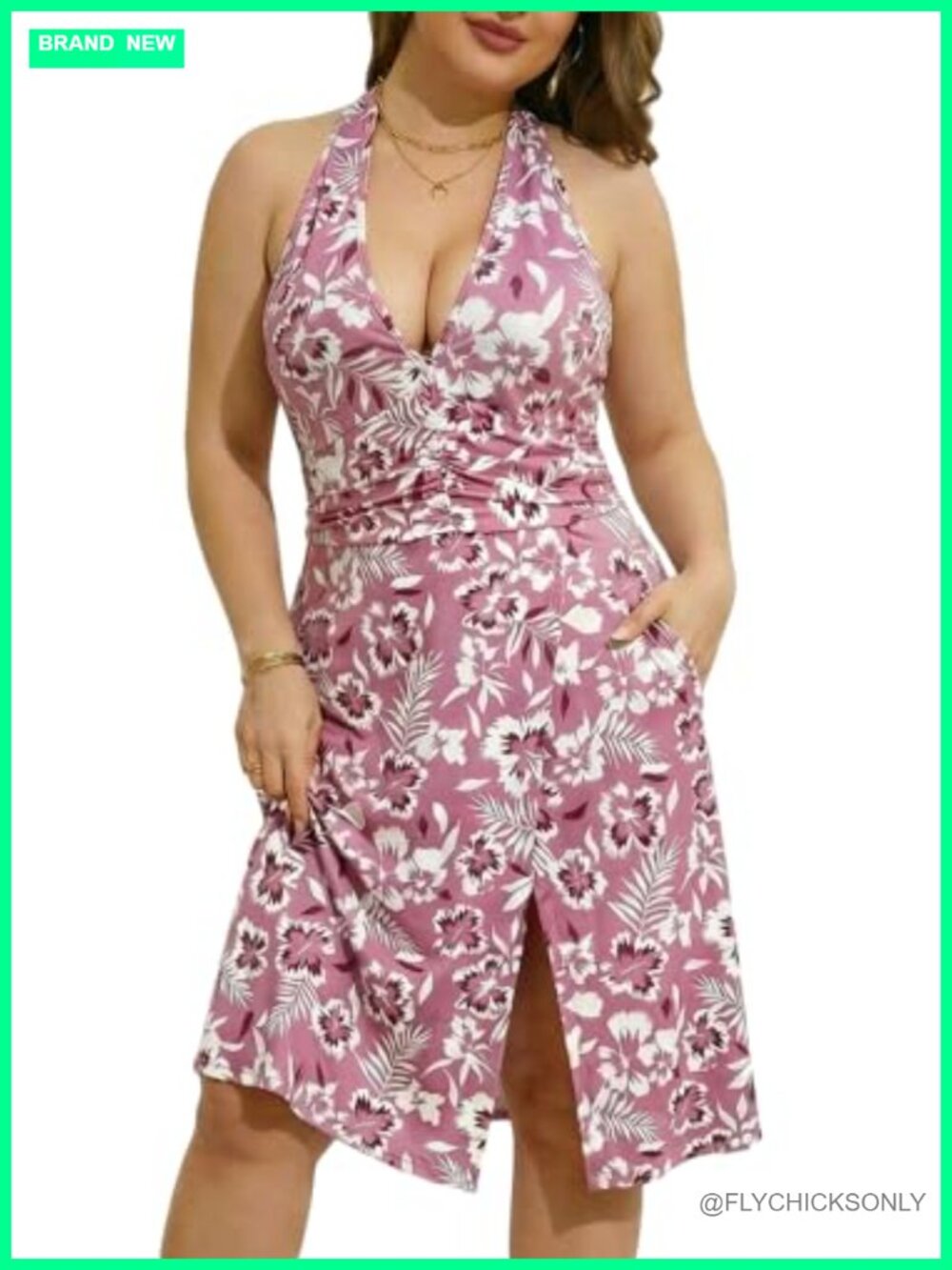 Plus Size Tie Neck Backless Split Sundress with Pockets